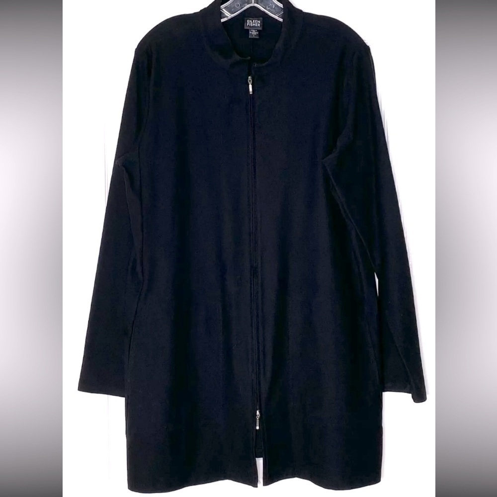 EILEEN FISHER Black fall casual Crepe Knit Two-Way Zipper Longline Jacket $280 M